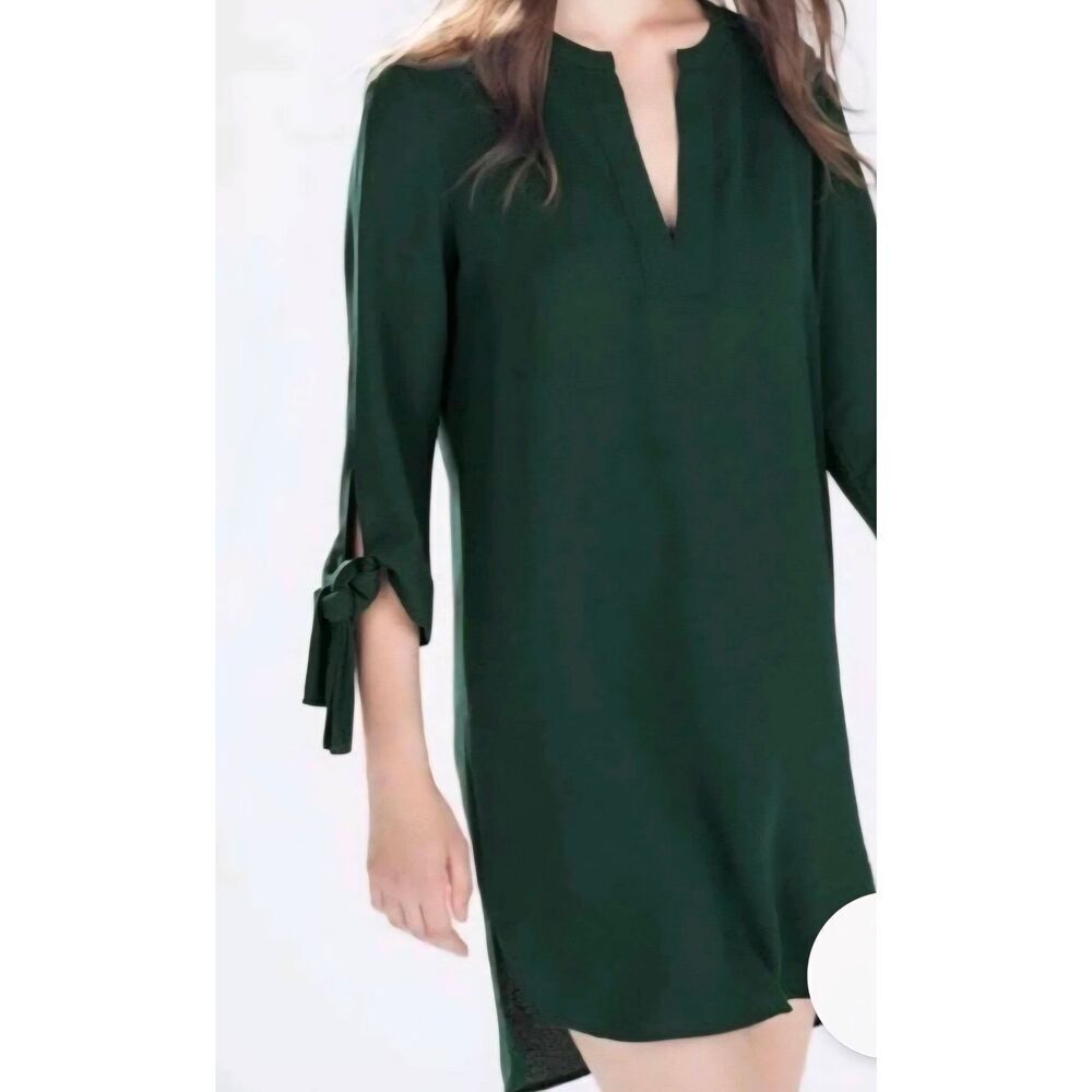 Zara Woman Forest Green Tie Sleeve Split Neckline Shift Dress Medium - Picture 10 of 11